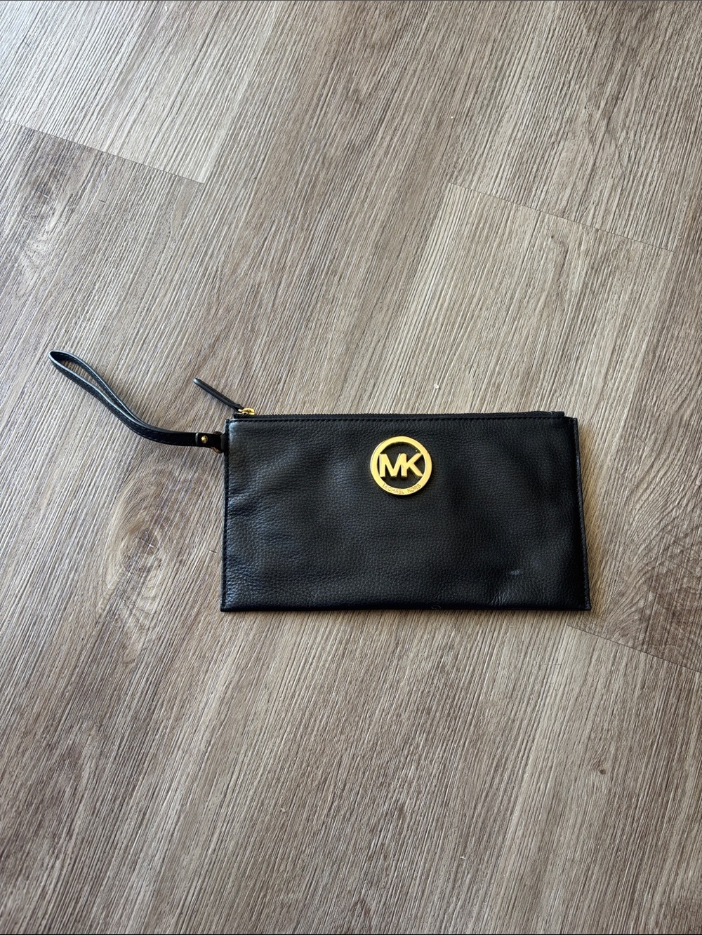 Michael Kors Black Leather Wristlet with Gold MK Medallion